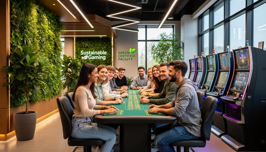 Young diverse group of customers at casino entrance with solar panels visible on building