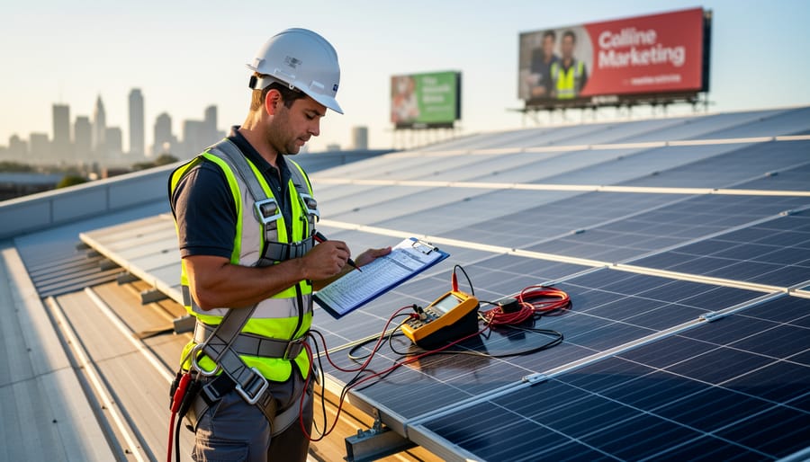 Rooftop solar panels with an installer working on mounting hardware under an overcast sky