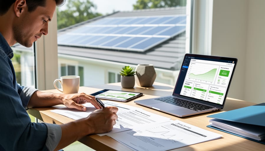 Person reviewing solar paperwork in a binder with documents on a desk